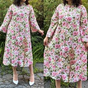 Vintage Pink and Green Floral Midi Dress